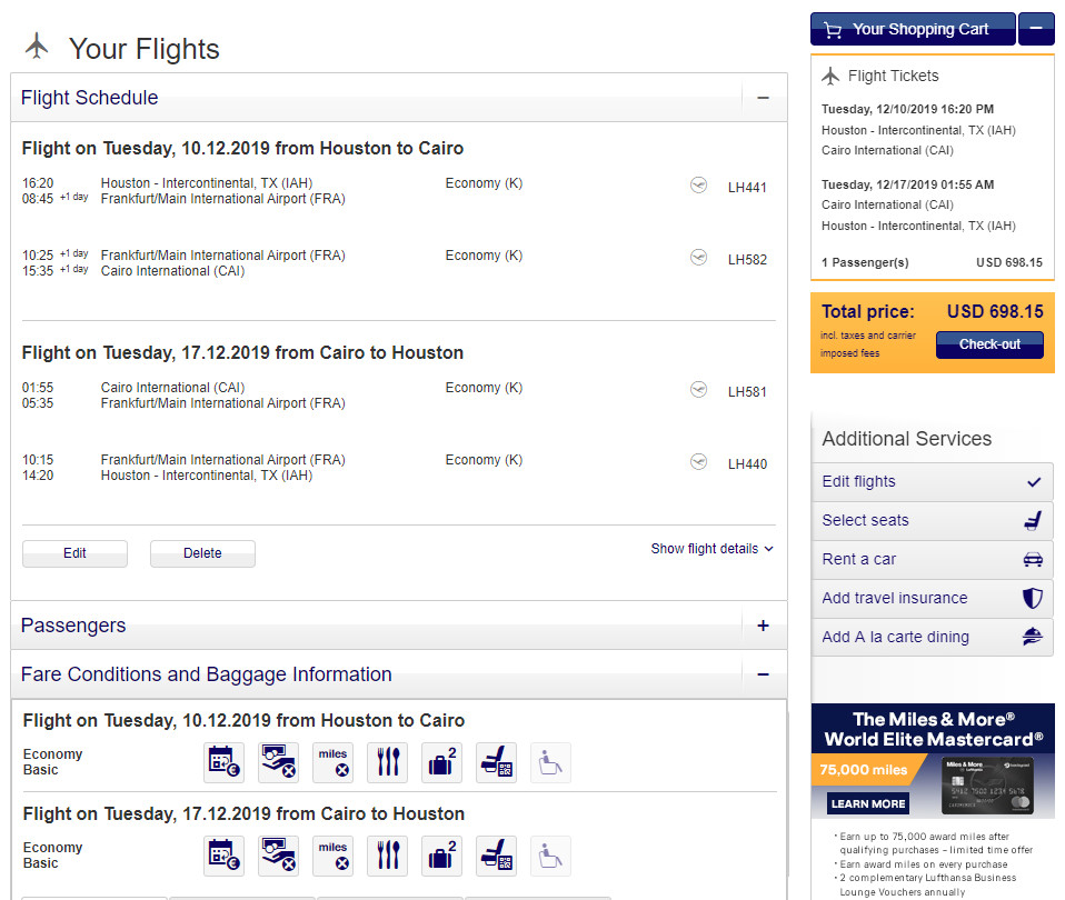 Lufthansa – $698: Houston – Cairo, Egypt. Roundtrip, including all